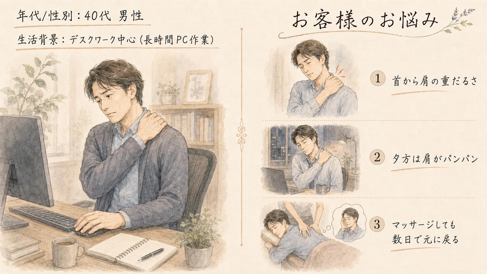 患者様のデータとお悩み｜デスクワークによる慢性的な肩こり
