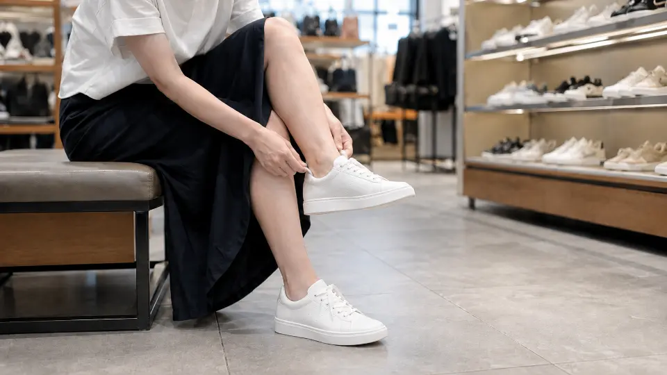 靴店のベンチに座り、白いスニーカーを両足とも履いて足元を確認している日本人女性の脚（顔は写っていません）