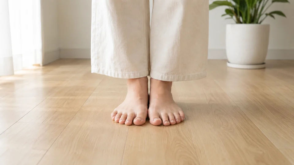 裸足で足元を意識してまっすぐ立つ日本人女性の足元(顔は写していない)