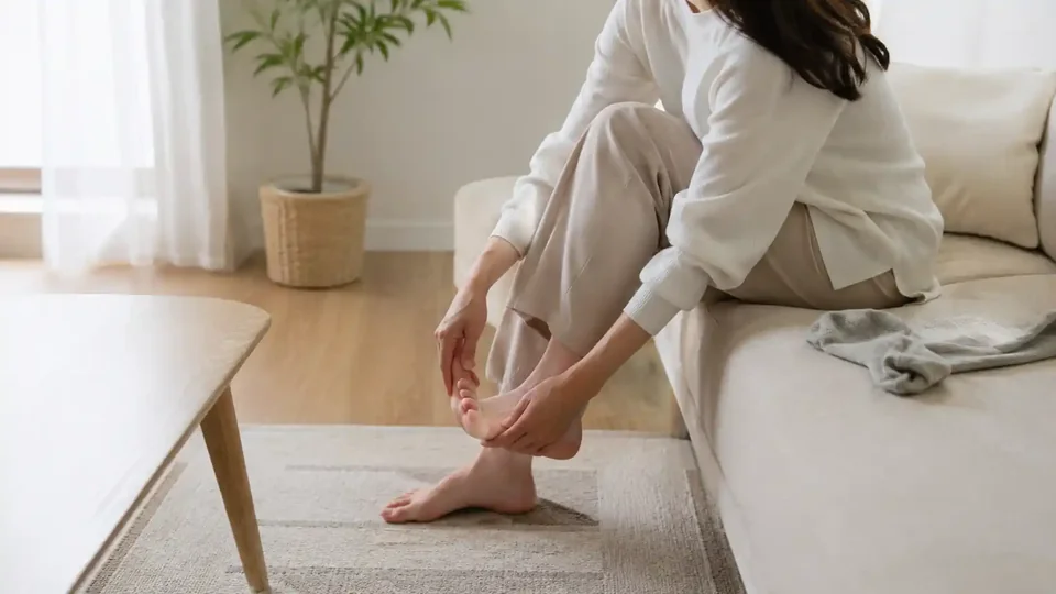 ソファに座り、靴下を脱いで片足のつま先やくるぶしのあたりを気にするように触れている日本人女性の足元(顔は写っていません)