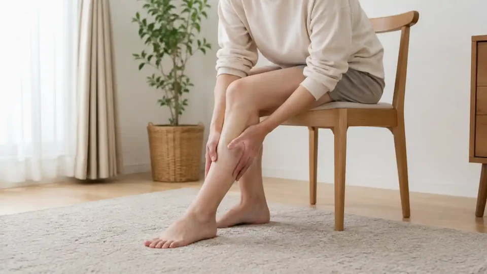 椅子に座り、片足のふくらはぎからすねにかけてを両手でさすっている日本人女性の脚(顔は写っていません)