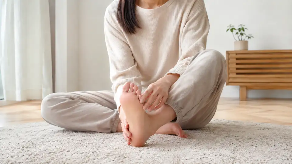 床に座り、自分の足の裏を確認するように覗き込んでいる日本人女性(顔は写っていません)