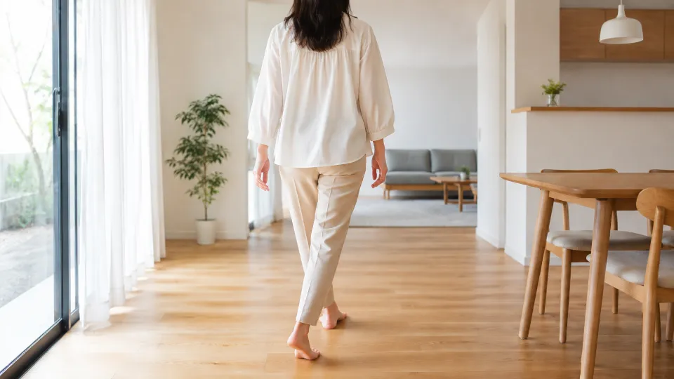 室内を自然な様子で歩いている日本人女性の全身後ろ姿(顔は写っていません)