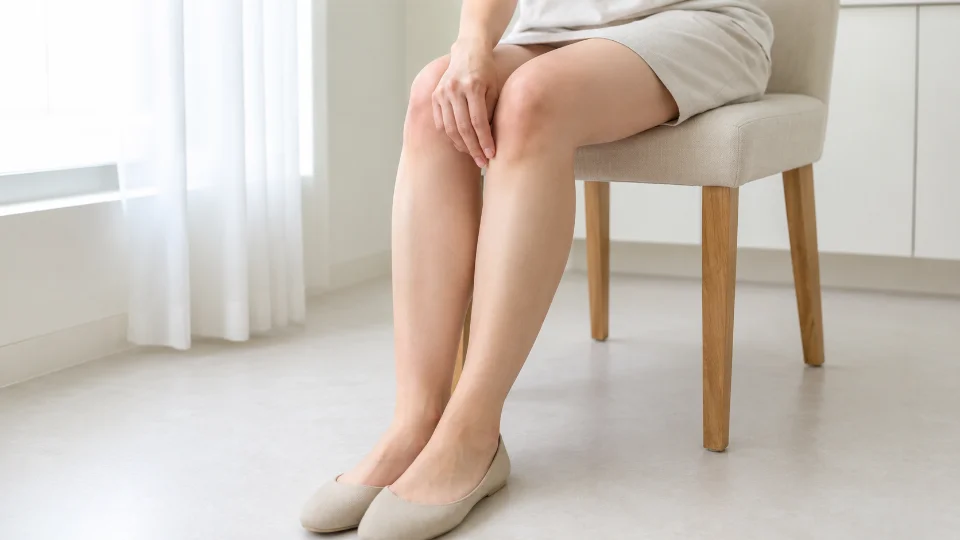 白いカーテンの差し込む明るい室内で、椅子に座って膝に手を添える日本人女性の脚(顔・スタッフは写っていません)
