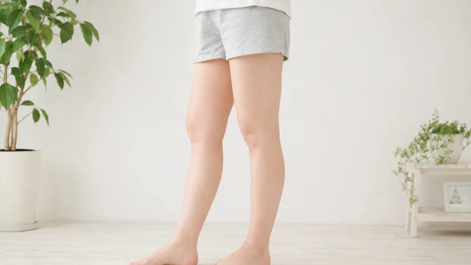 ナチュラルでやわらかい普通体型の日本人女性の脚を正面から見せた写真(顔は写していない)
