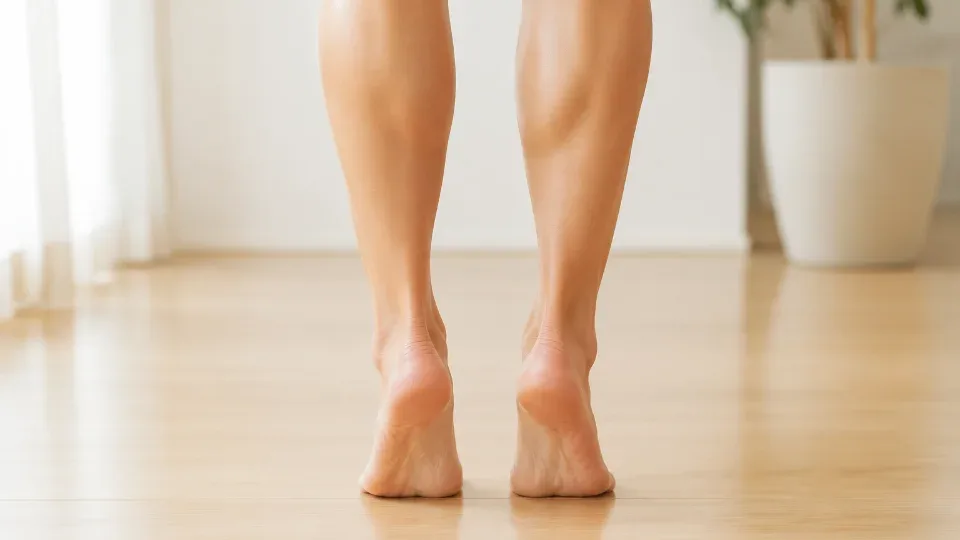 背面から見た、ふくらはぎが外側に張り出して見える日本人女性の下腿(顔は写していない)