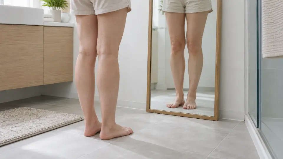 洗面所の姿見の前に素足で立つ日本人女性の脚元(顔は写っていません)