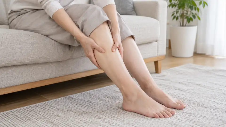 ソファに座り、両手で片脚のふくらはぎを包むように押さえている日本人女性の脚(顔は写っていません)