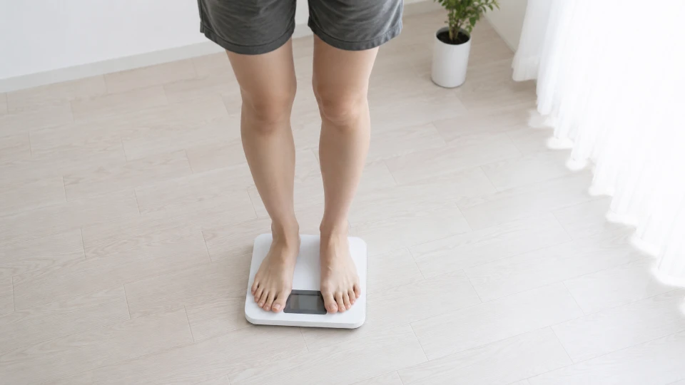 体重計に乗り、自分の脚元を見る日本人女性の脚（顔は写していない）