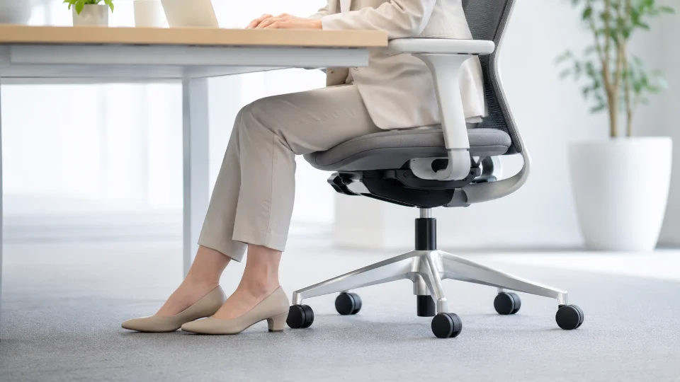 デスクで長時間座って作業をする日本人女性の脚（顔は写していない）