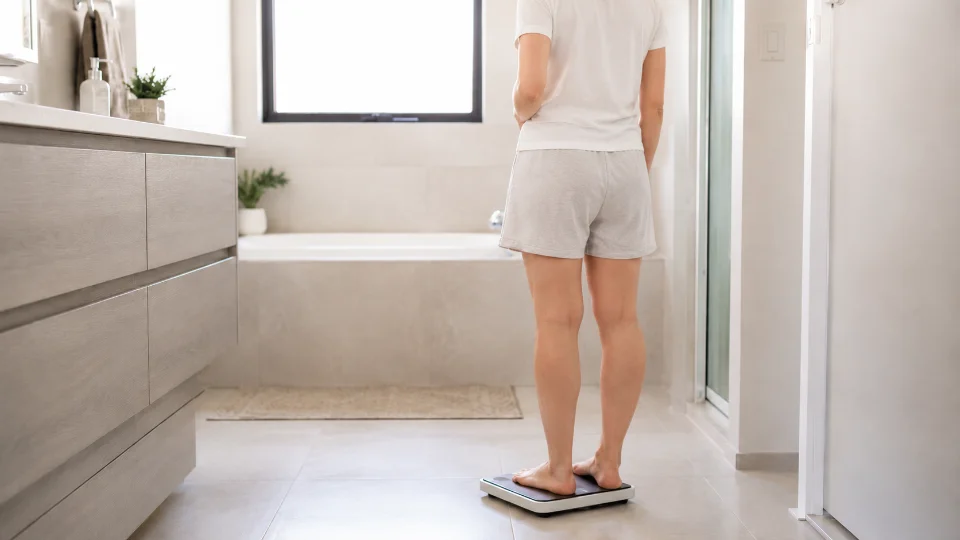 自宅の体重計に乗り、少し困ったように自分の腰のあたりに手を当てている日本人女性の後ろ姿(顔は写っていません)