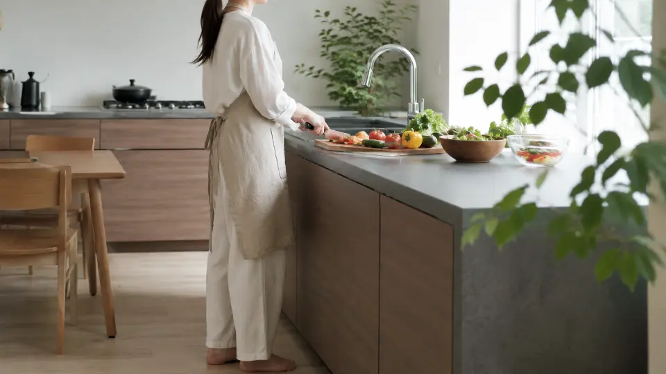 明るいキッチンで、野菜を中心とした食事を用意している日本人女性の後ろ姿(顔は写っていません)